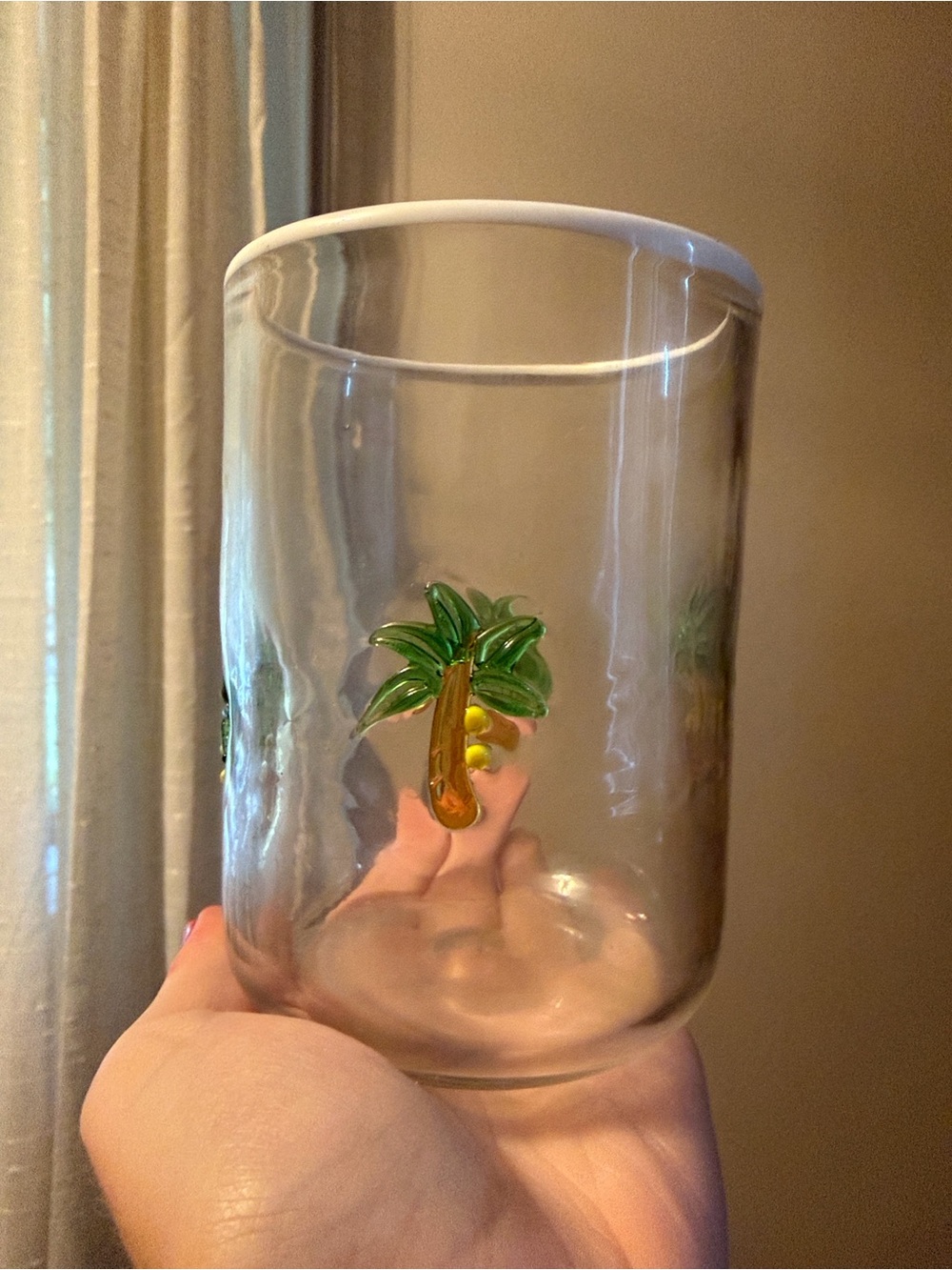 Anthropologie Icon Juice Glass Green Palm Tree and Yellow Coconuts